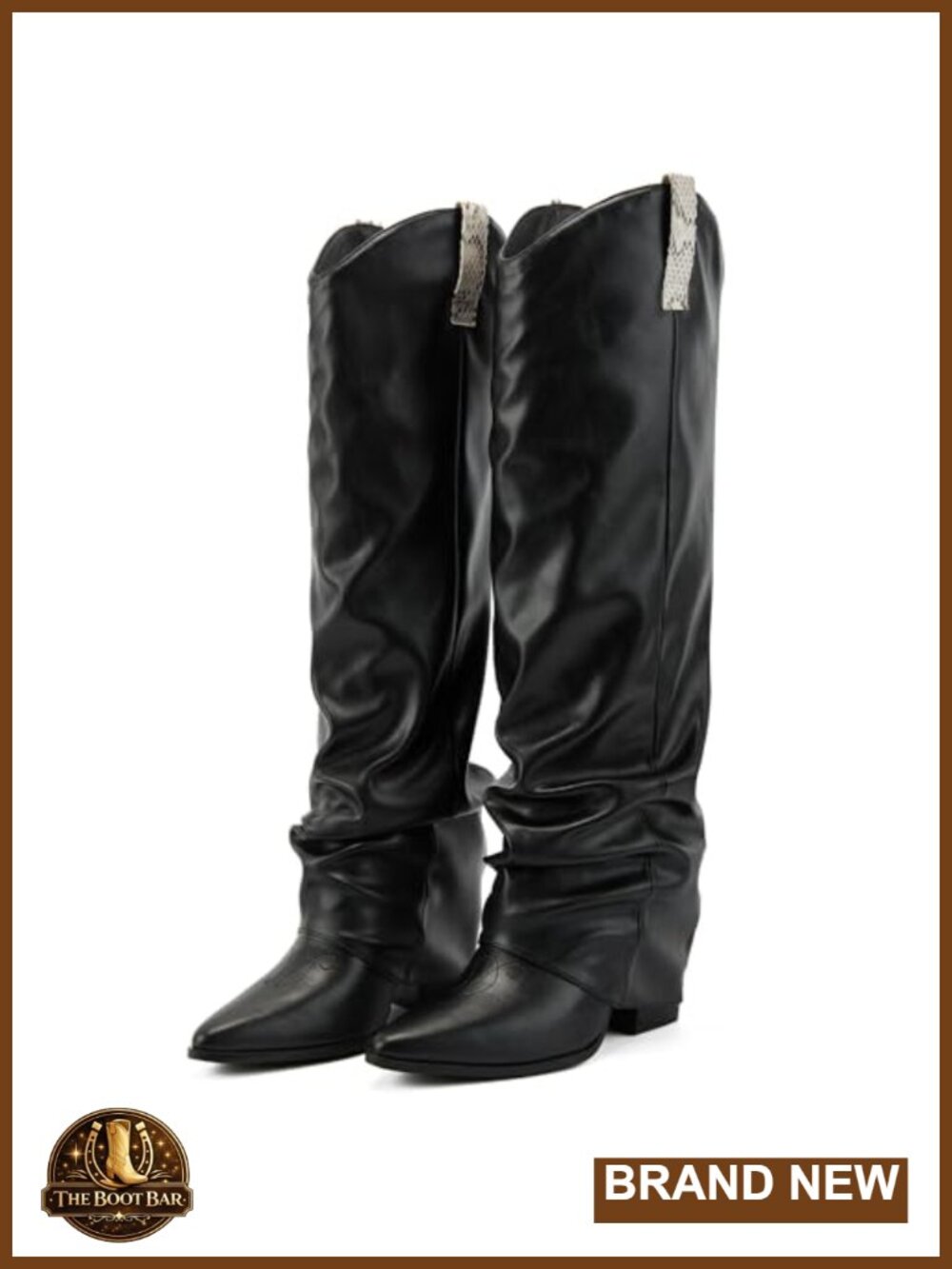 Knee High Fold Over Boots with Zipper, Faux Leather, Chunky Heel